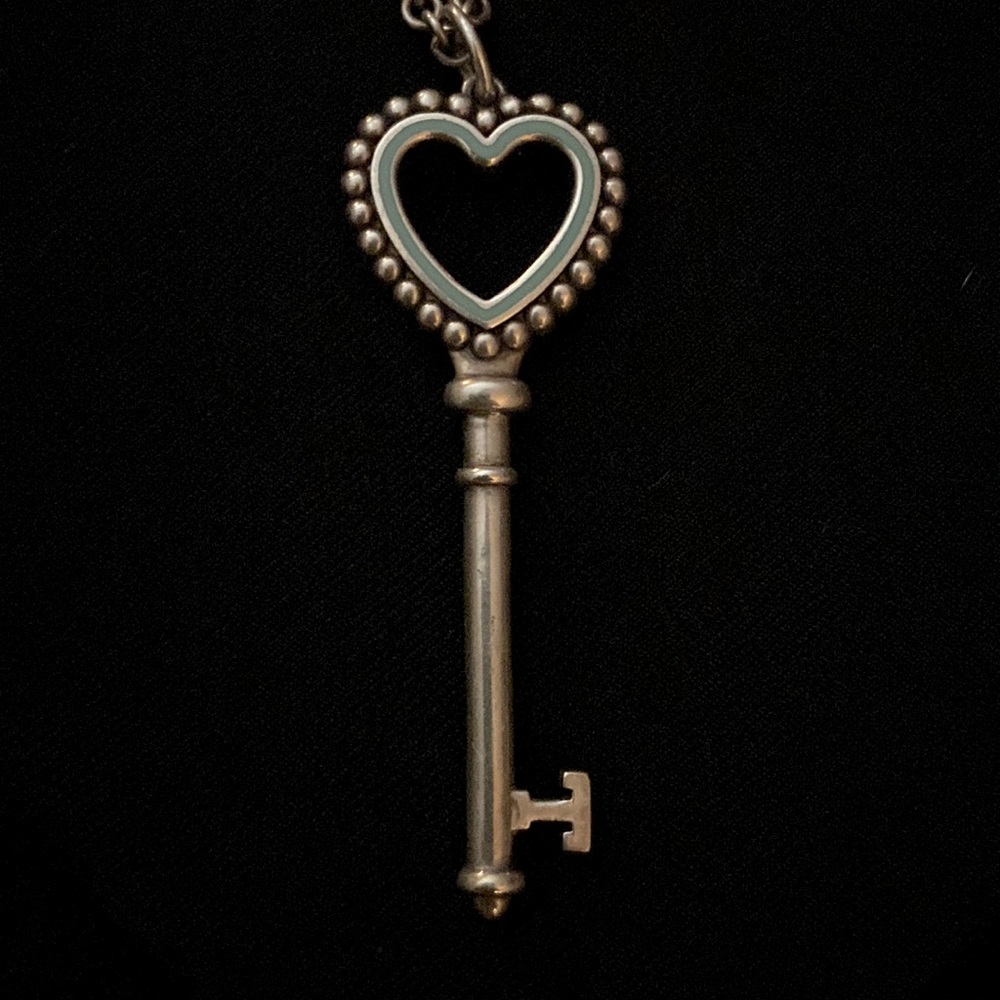 Tiffany & Co. Blue Enamel Beaded Heart Key Pendant plus chain
